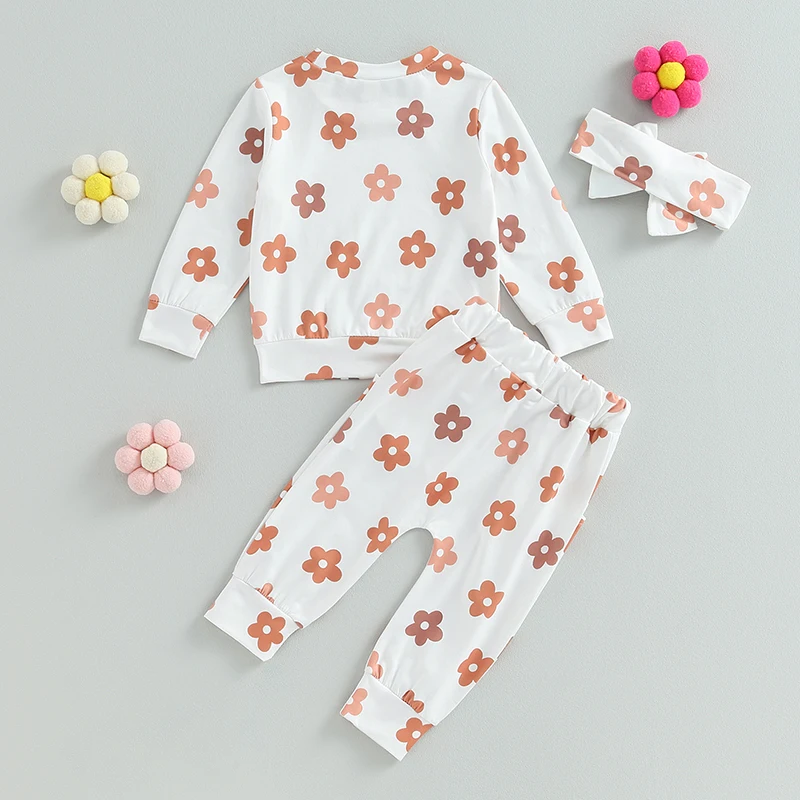 

Newborn Baby Girl Hairband Spring Fall Flower Print Long Sleeve Round Neck Outfit Clothing Pullover Sweatshirt Pants Set