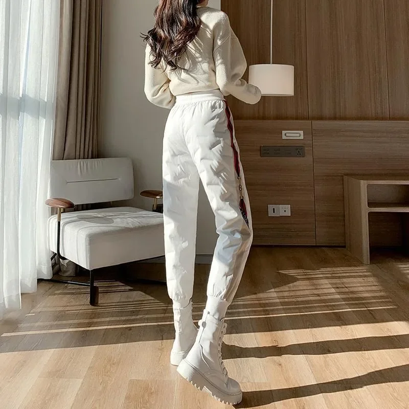 Down pants women wear a new fashion winter cotton pants high waist loose plus velvet white sports bunched feet cargo pants women