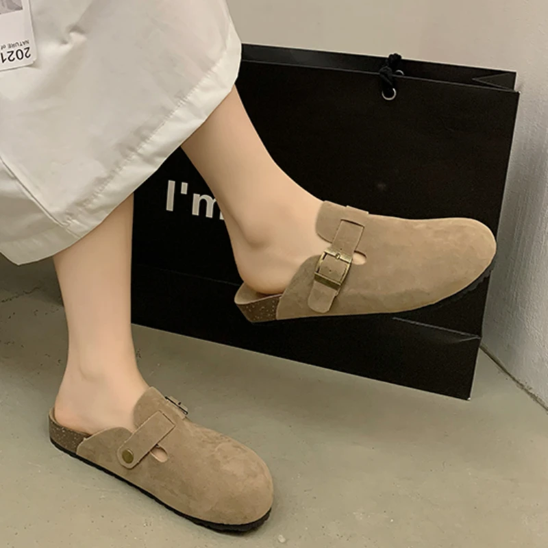 2024 High Quality Ladies Shoes Autumn Women's Slippers Round Toe Solid Flock Buckle Decoration Low-heeled Good-looking Mules