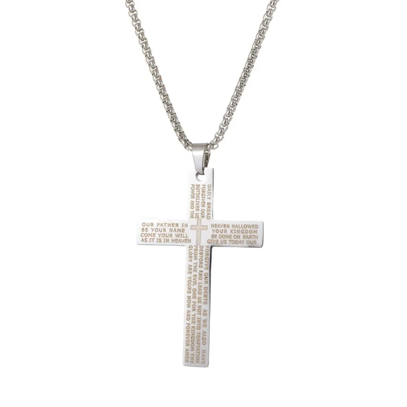 Neue Bibel-Jesus-Kreuz-Anhänger-Halskette, Hip-Hop-Halskette aus Edelstahl für Damen und Herren, Retro-Religiöser Gebetsschmuck – Detail 6
