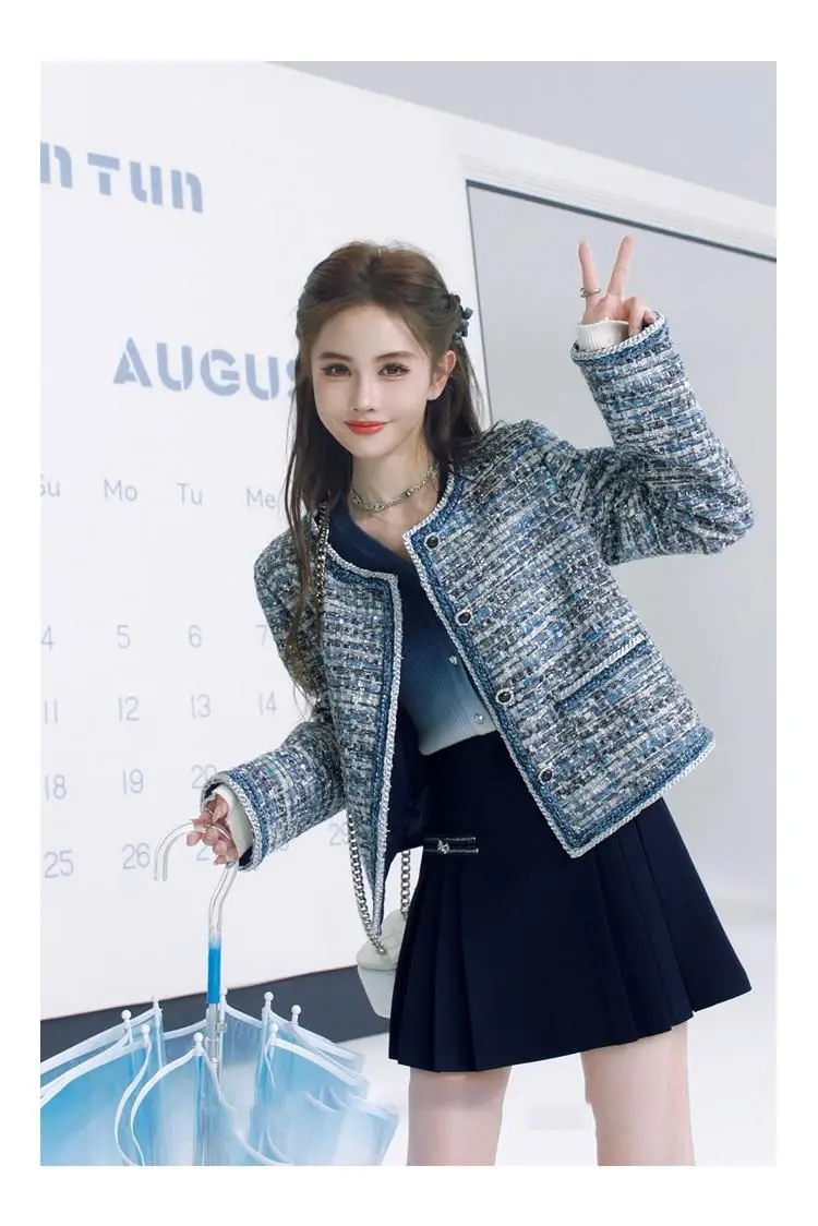 High-End Tweed Short Coat For Women 2024 Spring And Autumn New Korean Style Slim Round Neck Coat Top