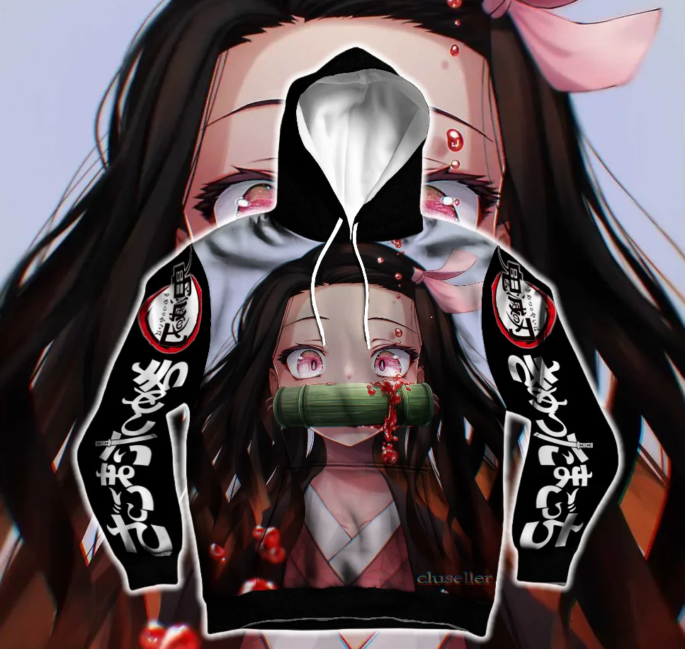 

25-26 Nezuko Kamado Demon Slayer: Kimetsu No Yaiba-Infinity Castle 3D Толстовка с капюшоном в стиле аниме с длинными рукавами и веером, повседневная мода, уличная одежда, топ