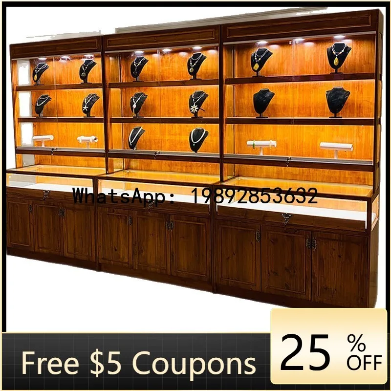 Z5 Solid Wood Jewelry Jade Display Cabinet Fir Wood Glass Counter Chinese Antique Style Cultural Play Jewelry Display Cabinet