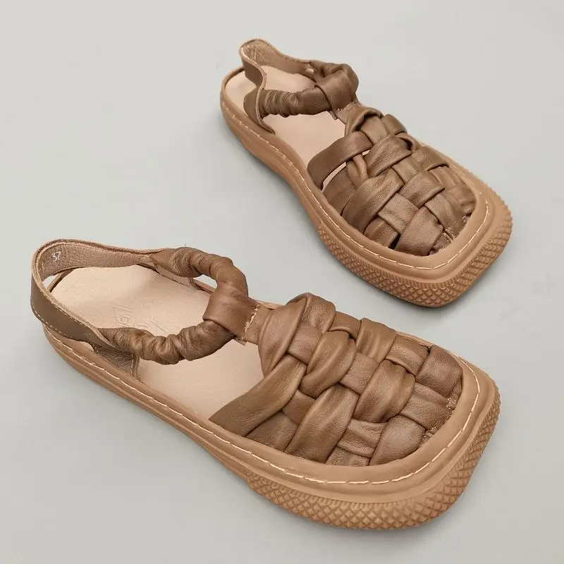 Leather Pure Woven Women's Sandals Loose-Fit Large Top Layer Cowhide Summer Retro Seam