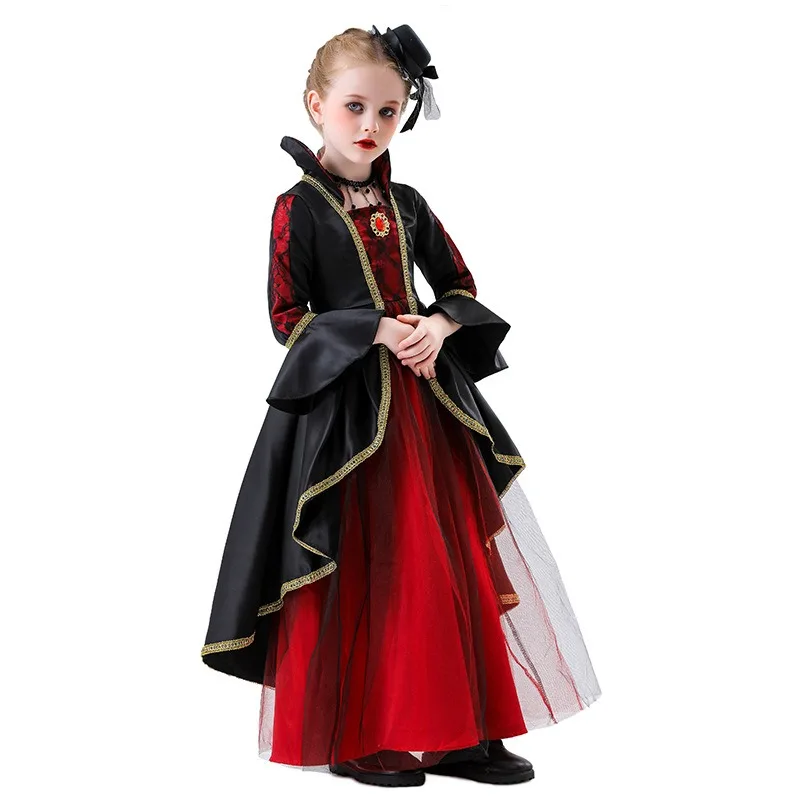 New Halloween Cosplay Costume Witch  Long Sleeves Dress Collar Hat Suits Carnival Theme Party Role Playing Outfits for Girls