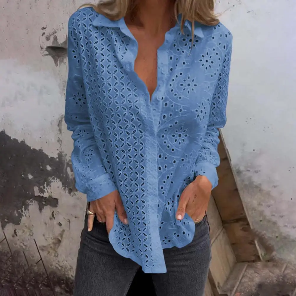 

Hollow Design Shirt Elegant Hollow Flower Pattern Lapel Shirt for Women Long Sleeve Solid Color Loose Fit Workwear Top