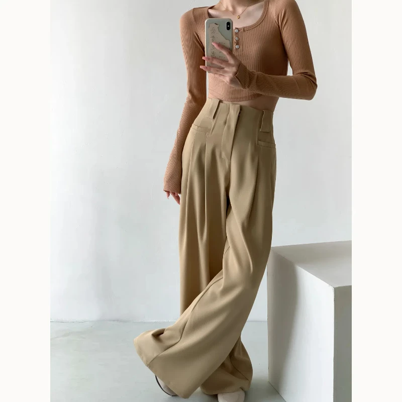 

Hong Kong style high-end high waisted suit pants women with slim and straight leg design narrow wide leg casual floor length