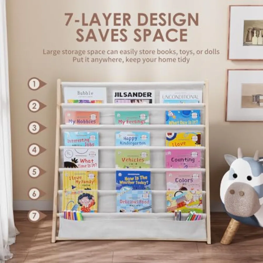 Wooden Bookshelf for 6 Tier Bookcase Storage Display Rack with Fabric Storage Pockets Easy Access Magazine Rack for 's Bedroom