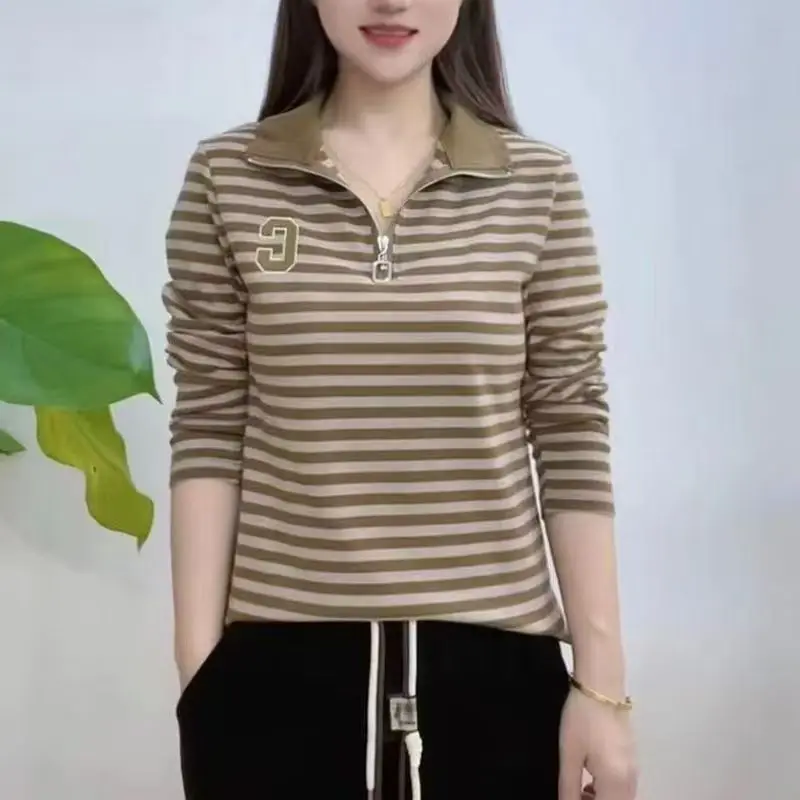 High-End Women's Spring Autumn Loose Fit Hoodie Striped Base Layer Shirt Stand Collar Zipper Fashionable Versatile Bottoming Top