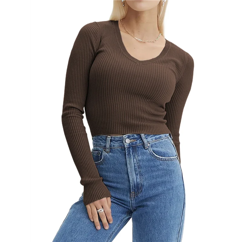 

FX-Womens Long Sleeve Shirts V Neck Ribbed Knit Slim Fit Light-Weight Sweater Fall Dressy Casual Tops