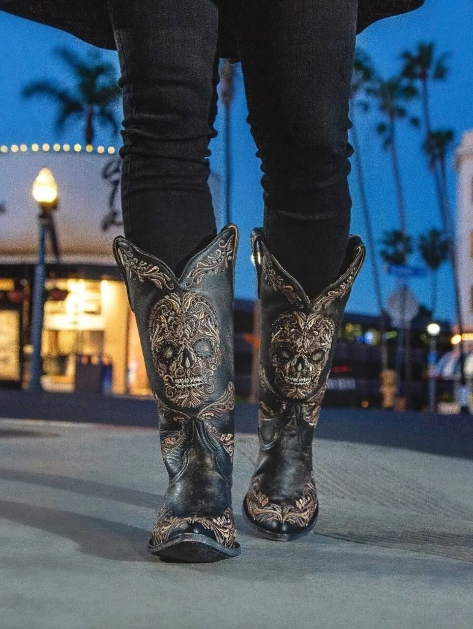 Skull Embroidery Print Knee-High Boots Inner Heightened Black Pointed Fashion Botines Slip-On Thick Heel Knight Botas Femininas
