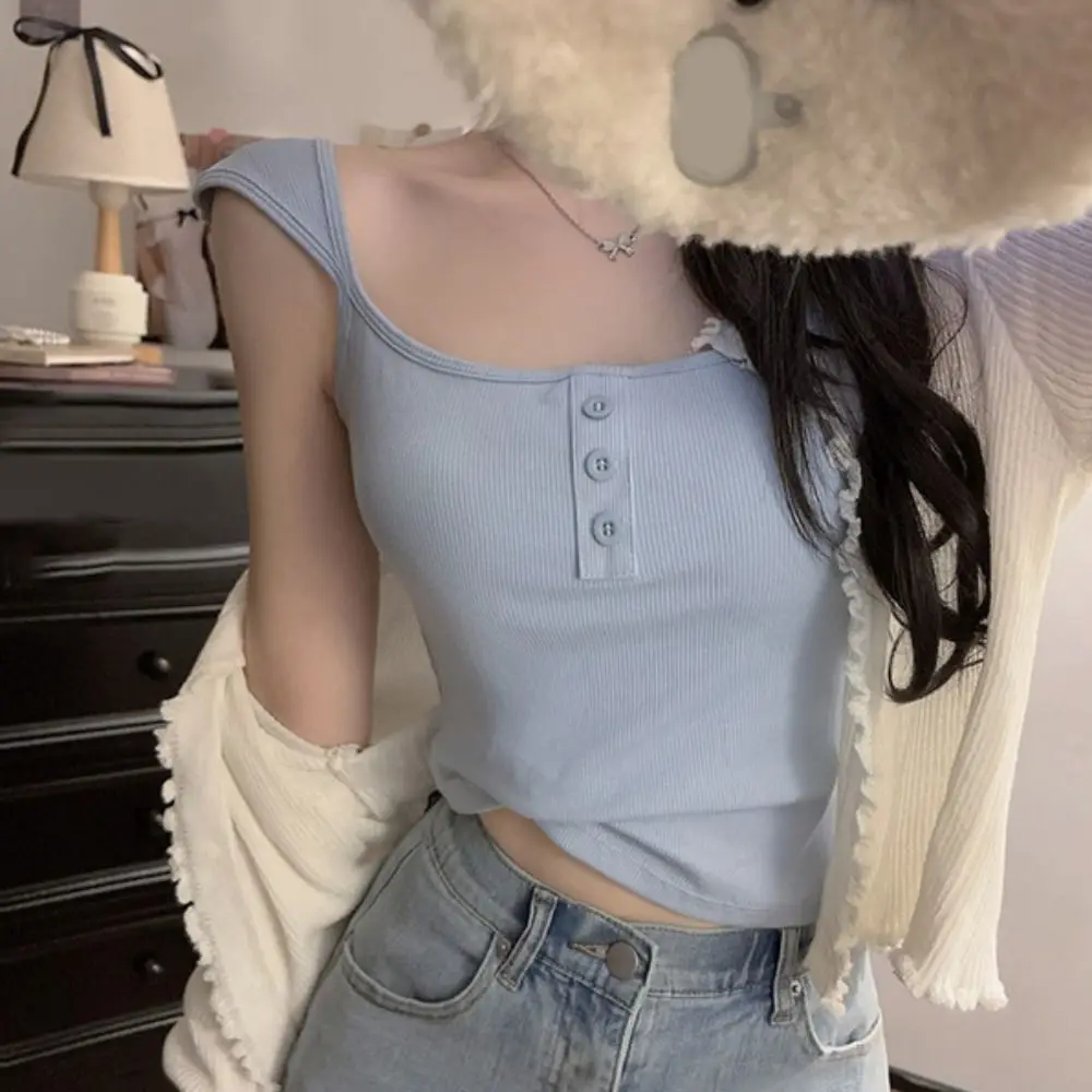 

Fashion Square Neck Sleeveless Crop Top Slim Fit Simple Sweet Girl's Tank Top Vest Female Clothing Camisole with Pads Lady