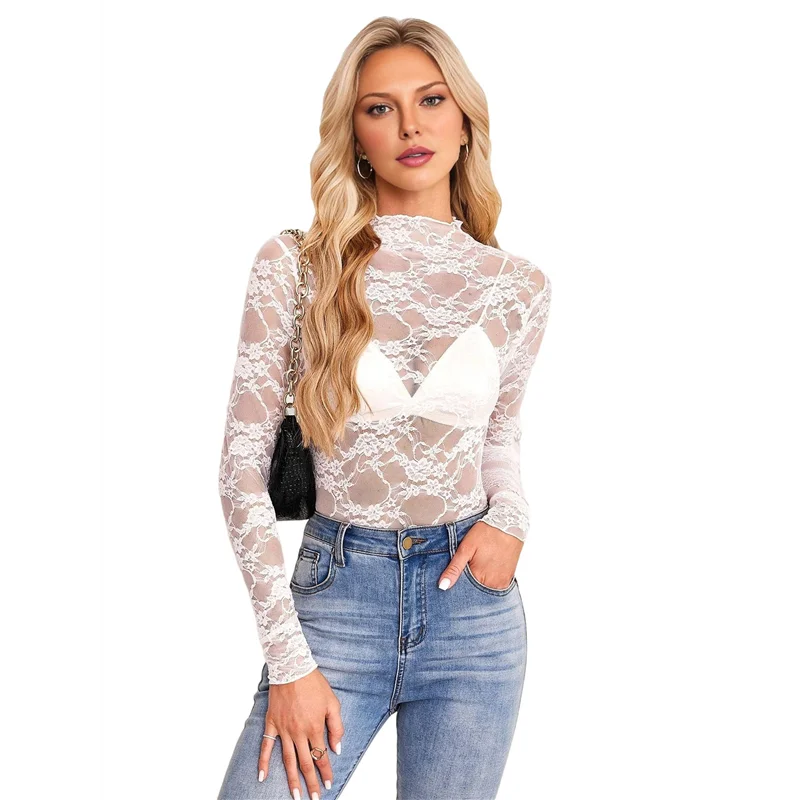 

ABRT-Women Mesh Floral Lace Long Sleeve Tops See Through Layering Undershirt Blouse Crew Neck Sheer Casual Shirts