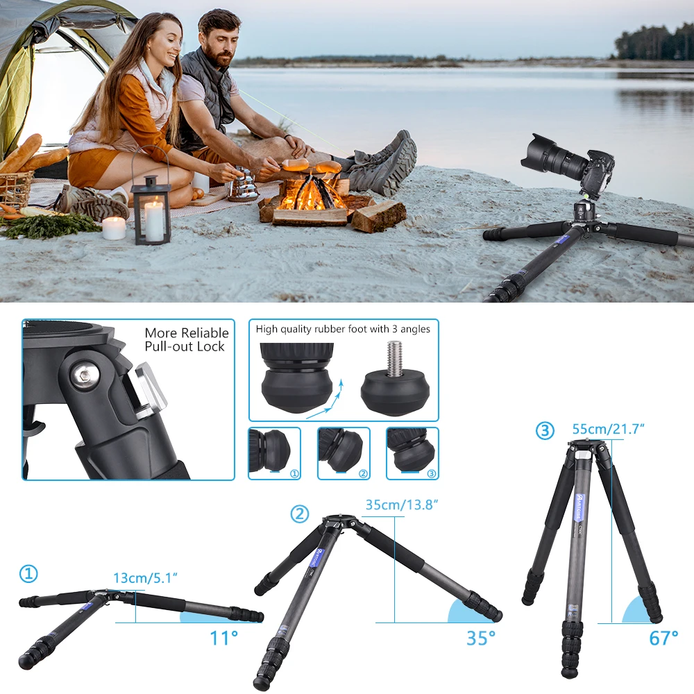 Compact Carbon Fiber Professional Travel Tripod with Stone Bag ARTCISE CT90C Heavy Duty for Camera DSLR Camcorder,Max Load 40kg