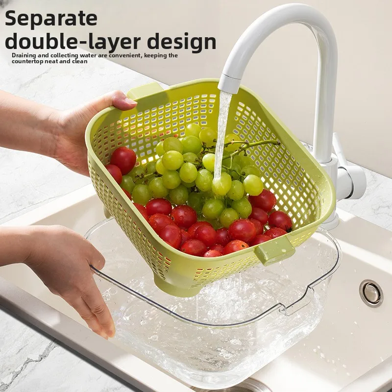 YFY  kitchen double-layer drain basket, food-grade plastic washing basket,  thickened multi-function drainer, fruit strainer