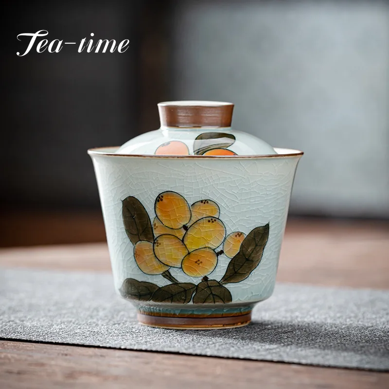 Hand-painted Loquat Cover Bowl Handmade Two Talents Cover Bowl Household Ceramic Tea Bowl Chinese Hand-painted Kung Fu Tea Set