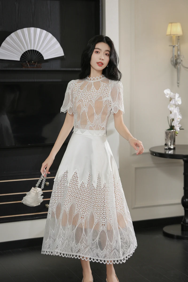 High Quality Lace Patchwork Jacquard Dress Women Vintage Temperament  Ruffles Slim Short Sleeve Summer Dress Vestidos De Mujer