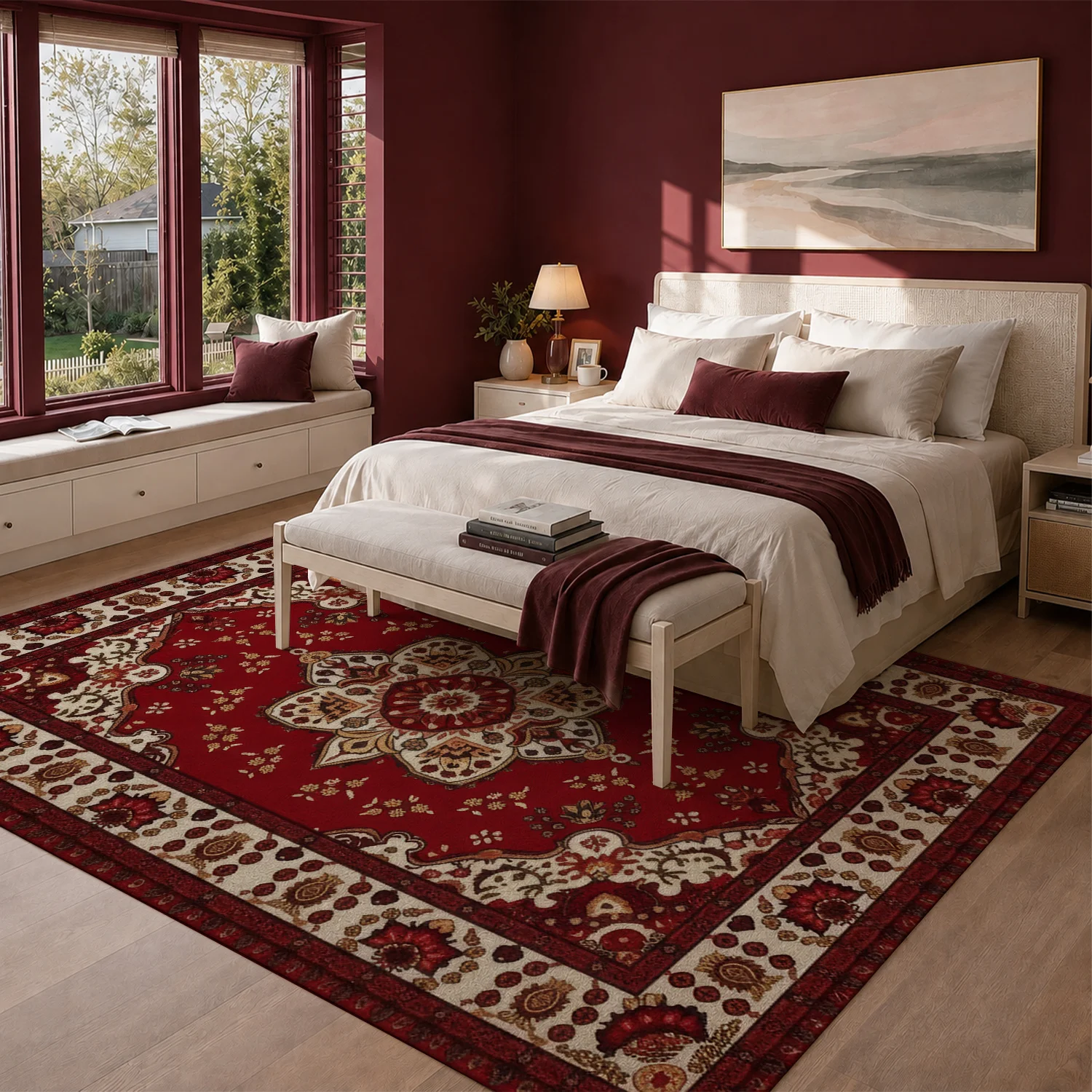Large Indoor Area Rug, Soft Velvet Low Pile Non-Slip Dotted Backing, Machine Washable Traditional Persian Medallion Area Rug, Red Cream Vintage Style for Living Room Bedroom Dining Room Home Decor
