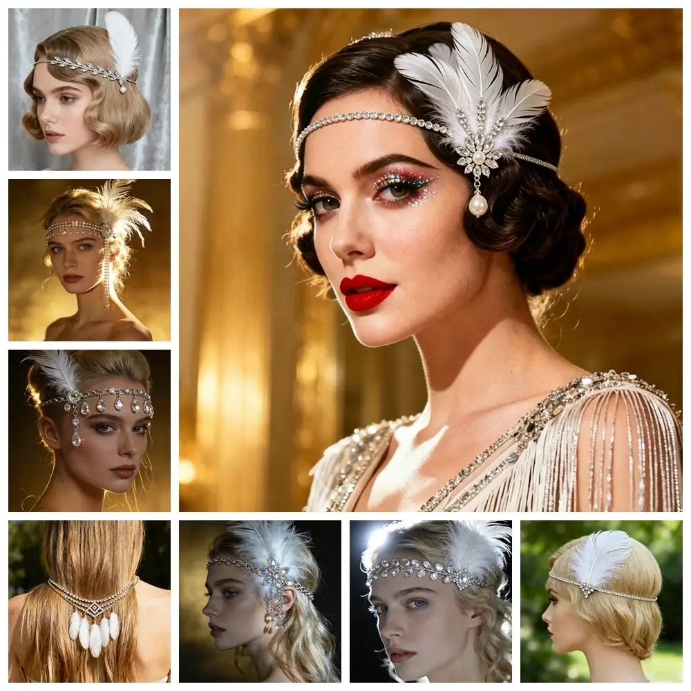 Vintage Gatsby-Style Feather Headband Fascinator Crystal Masquerade Hair Band Sequin Makeup Party 1920s Hair Accessories Women view 3