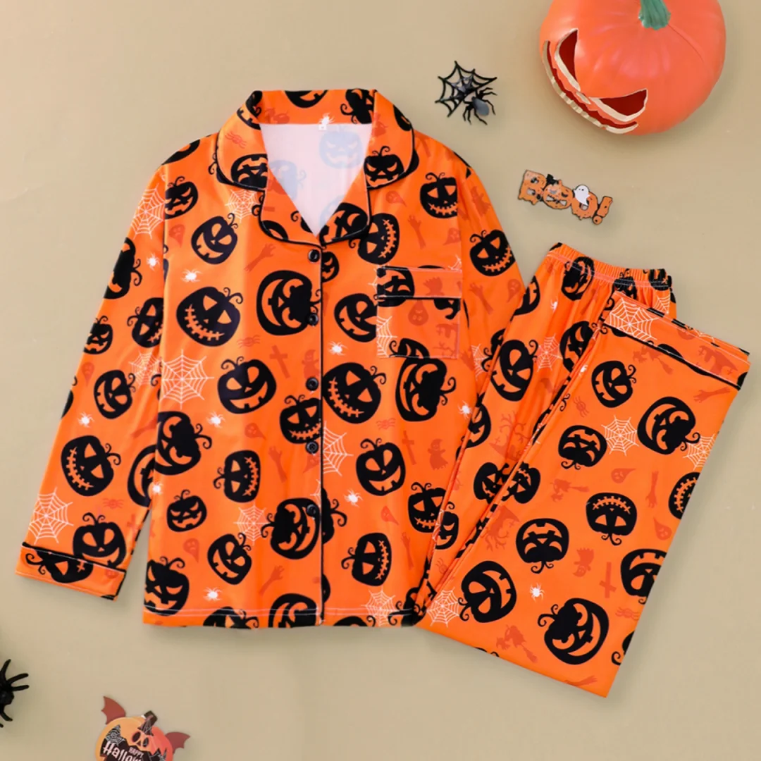 

Orange Halloween Themed Pajama with Pumpkin Print long-sleeved Pants Spring and Autumn Home Wear Set Lapel Loungewear