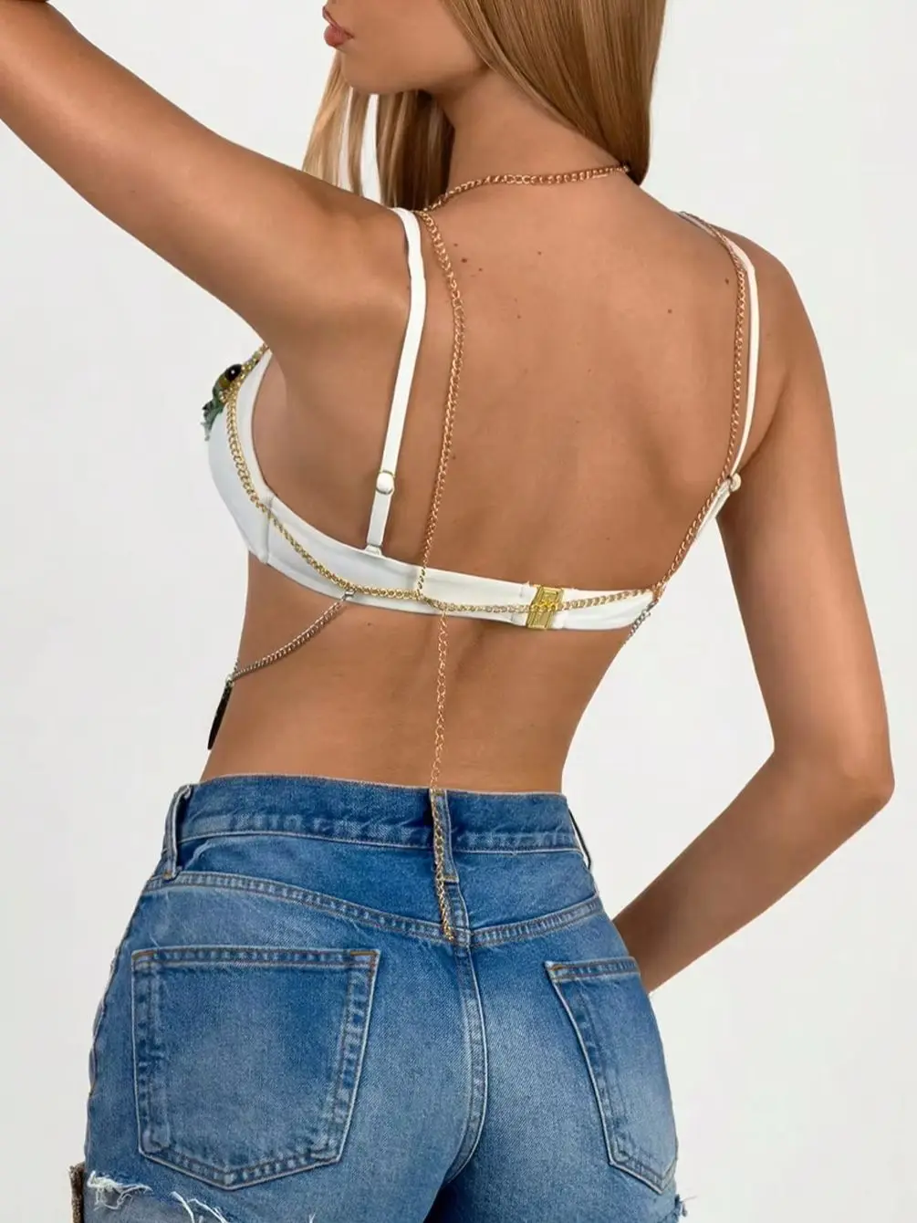 Green Stone Beaded Body Chain Bikini Top Women Sexy Layered Tassel Bra Y2K Beach Festival Rave Outfit Boho Summer Crop Top