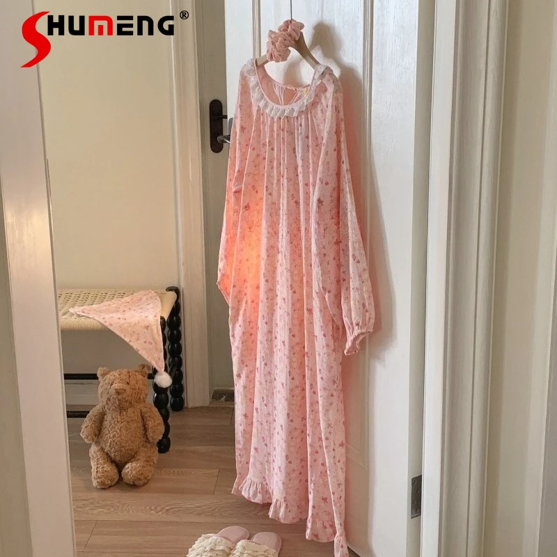 

100% Cotton Double Original Nightgowns for Female Spring and Autumn Long Sleeve Nightdress Women's Japanese Sleepshirts