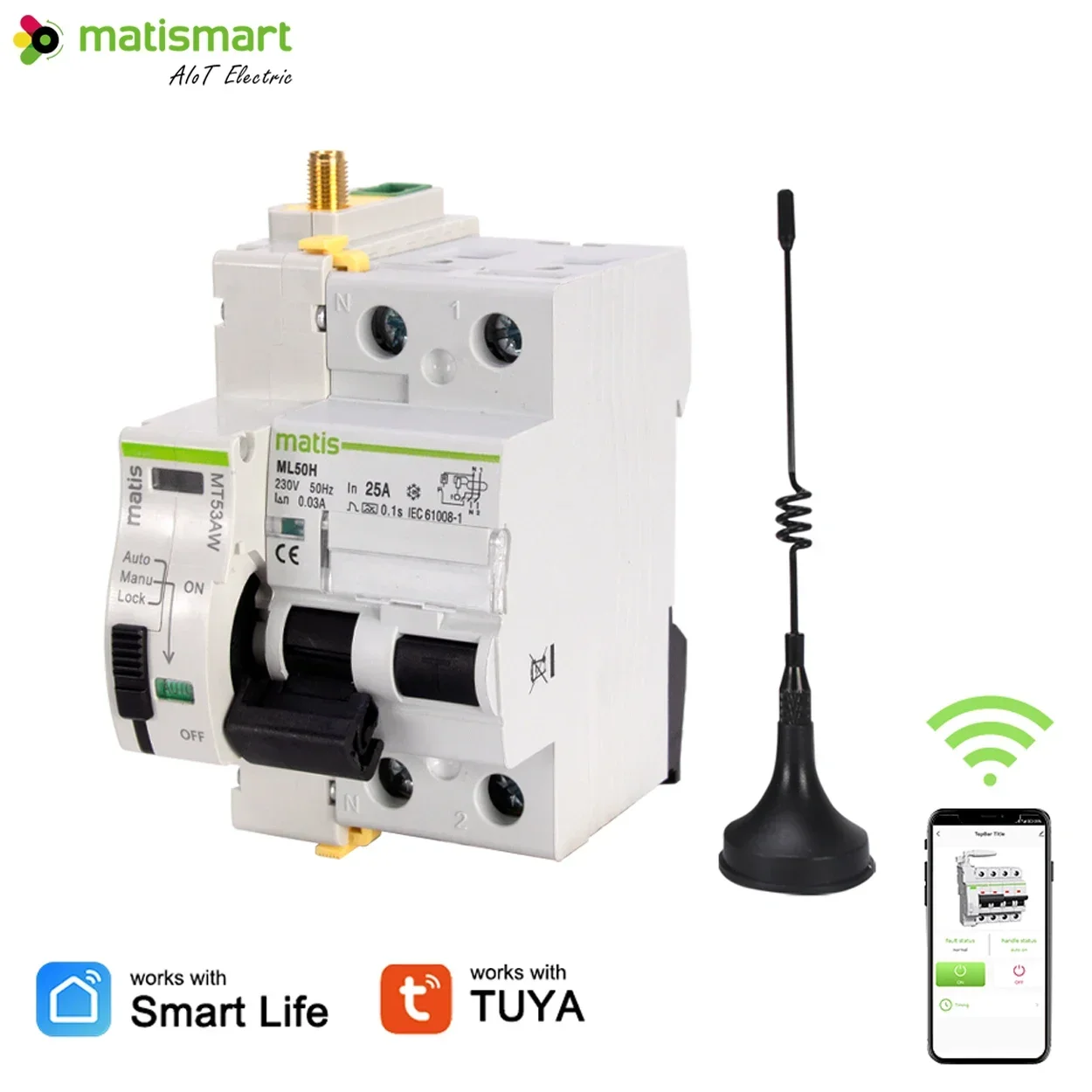 Matismart MT53AW smart auto recloser tuya app remote control integrated with rccb circuit breaker for smart home