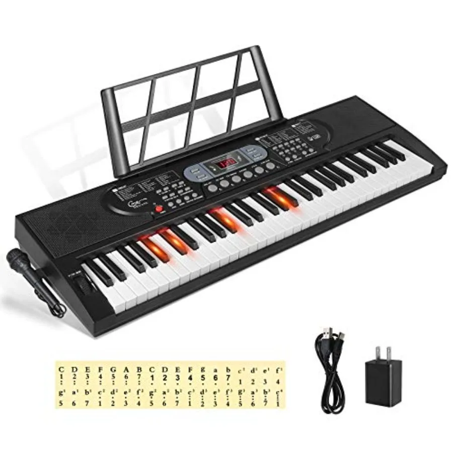 

Keyboard Piano for beginners adults teens kids: 61-key electronic keyboard with lighted keys, ABS plastic body, black color, te