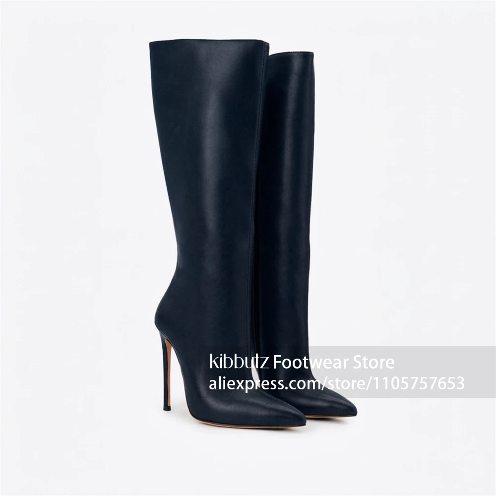 Slip On Knee High Shaft Boots Sharp Pointed Toe Stiletto Heel Boots Solid Color Plain Upper Soft Inner High Heel Knee Boots
