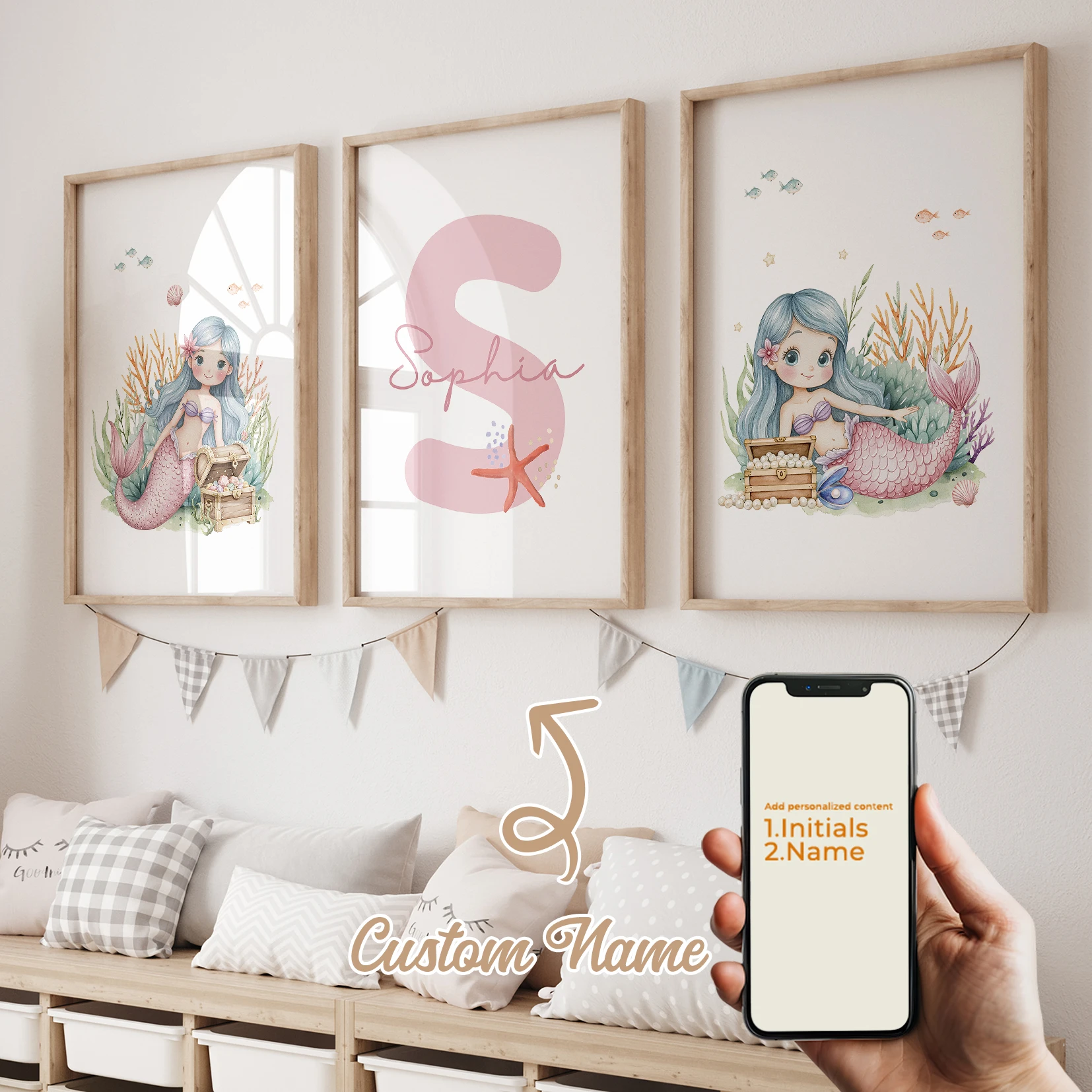 

3pcs Personalized Name Custom Cute Mermaid Shell Treasure Box Small Fish Wall Art Print Picture Living Room Kids Room Home Decor