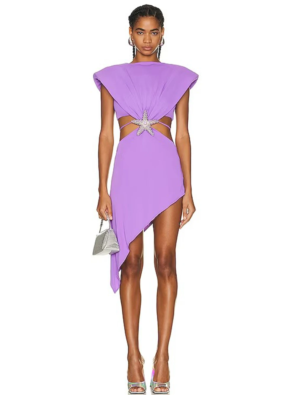 

2023 Sexy Starfish Belt Hollow Asymmetric Bandage Dress Women Purple Sleeveless Bodycon Dress Celebrity Party Club Dresses