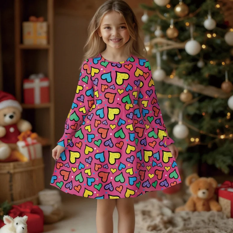 

2025 Girls' Long Sleeve Colorful Heart Print Dress - Cute Vibrant Christmas Casual Outfit
