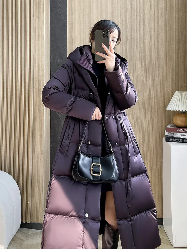 Chaqueta ajustada con cinturón para mujer, abrigo de plumas de pato blanco 90 con capucha, estilo largo, elegante y cálido, para invierno