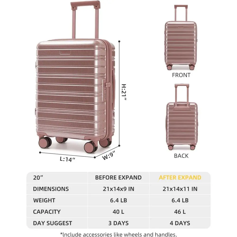 20 Inch Rose Gold Luggage - Airline Approved, Expandable Hardside Suitcase with Spinner Wheels & TSA Lock