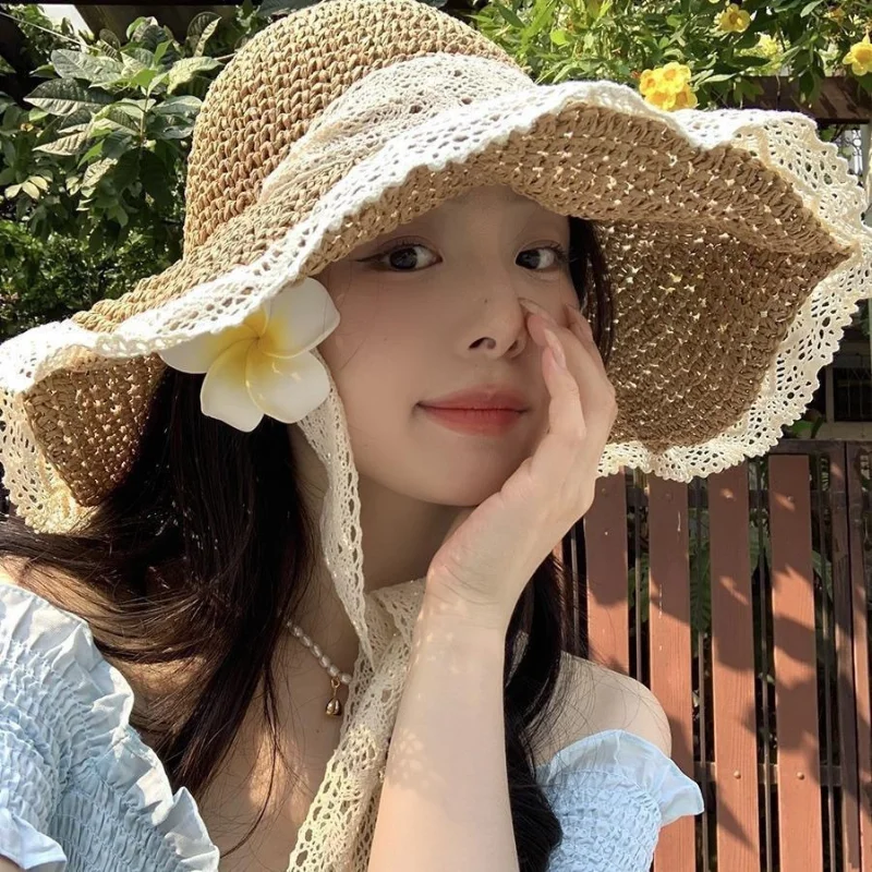 Women's Large Brim Straw Sun Hat, Crochet Lace Ruffle Beach Hat with Chin Strap, UV Protection Straw Hat for Summer Travel