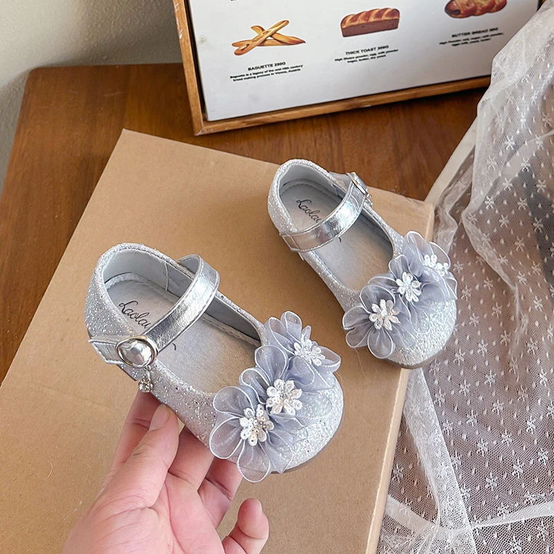 Girls Mary Jane Dress Shoes, Sparkly Glitter Flower Mesh Princess Flat Shoes, Soft Sole Party Wedding Ballet Dress Shoes