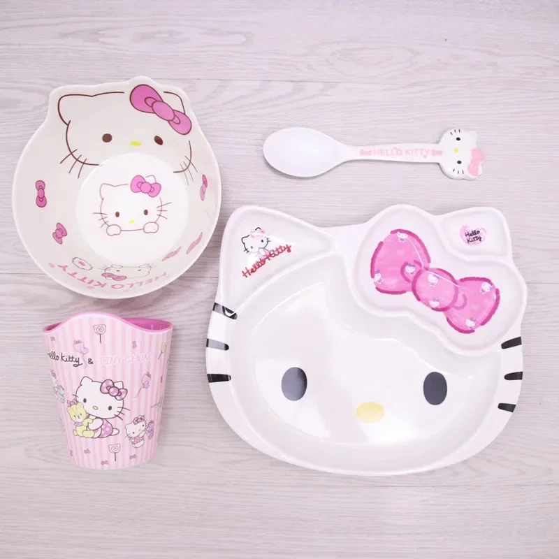 Sanurgente-Assiette à manger Hello Kitty, dessin animé Mininstants, bol rouge, tasse rose, cuillère, 4 grilles, ustensiles de cuisine, assiette à déjeuner pour enfants de la maternelle, ensemble de 4 pièces