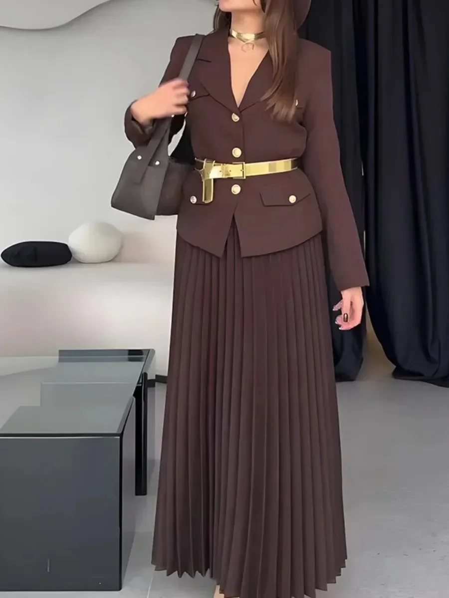 Dubai Women 2 Piece Muslim Set Blazer Pleated Skirt Eid Office Lady Shirt Skirt Suits Ramadan Morocco Outfits Jalabiya Ensemble