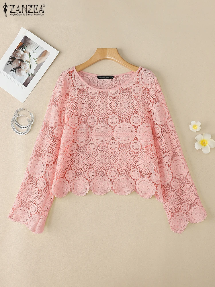 

Elegant Hollow Out Blouses ZANZEA 2025 Women Summer Bohemian Holiday Shirt Casual 3/4 Sleeve Beach Tops Lace Patchwork Blusas