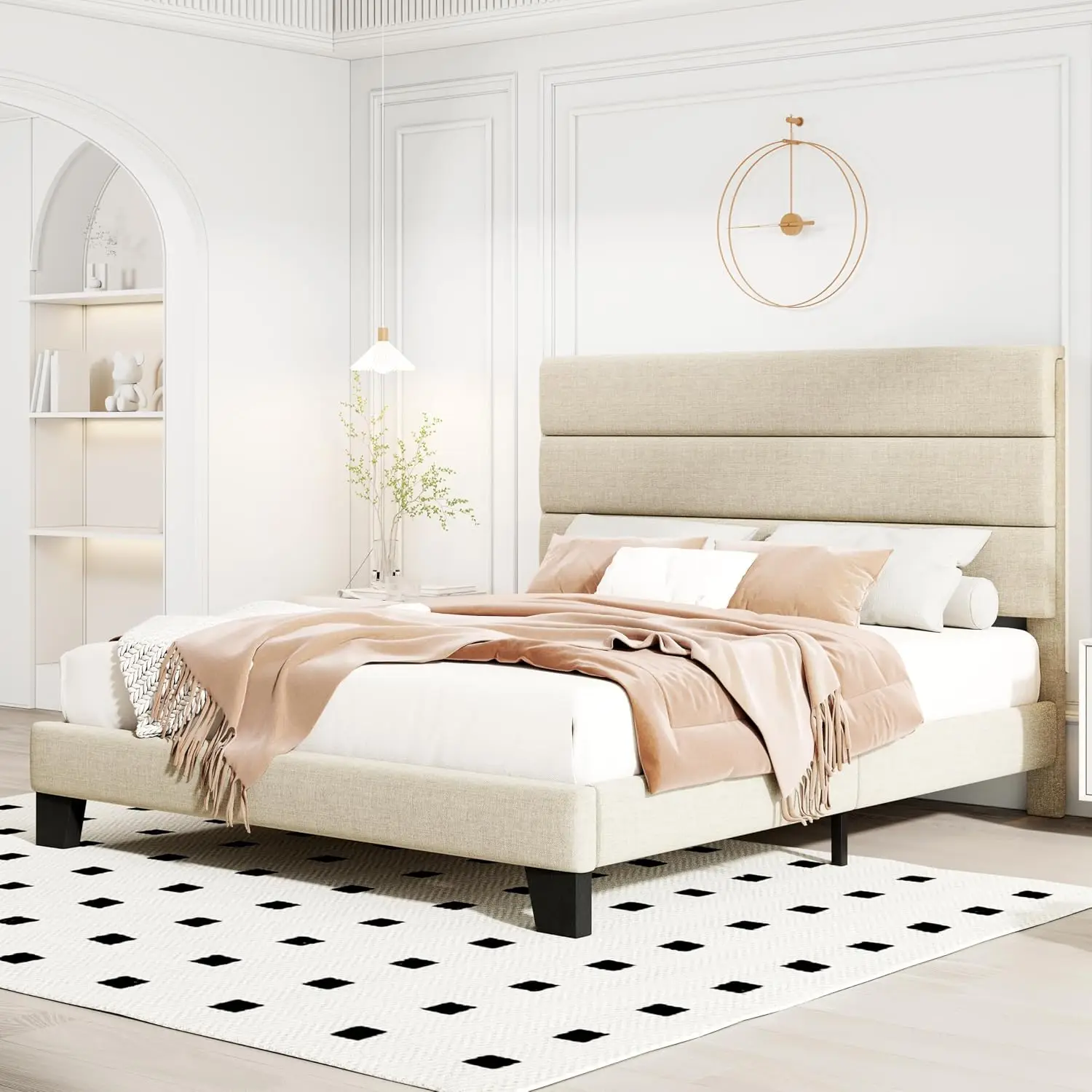 Queen Size Bed Frame with Headboard, Fabric Upholstered Platform Bed with Strong Wood Slats Support, Mattress, Customized - view 3