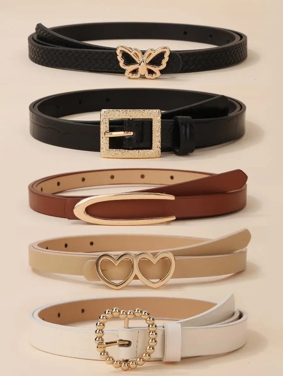 

5pcs Womens Adjustable Faux Leather Belts With Butterfly Heart Alloy Buckles Fashion Casual Work