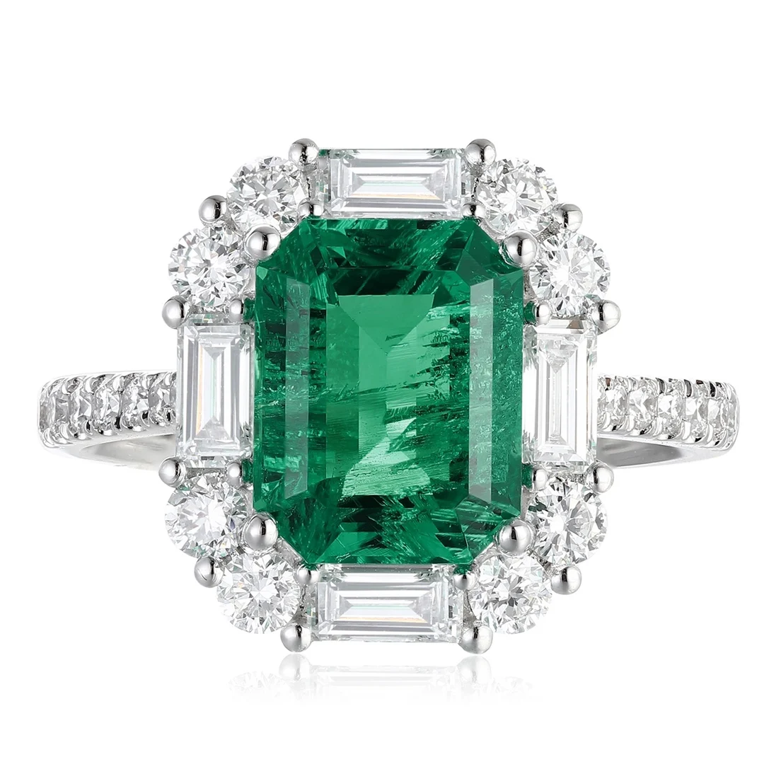 Ruif Customization Platinum about 2.3 Lab Grown Emerald with Lab Grown Diamond Rings for Women Engagement Ring Finger Jewelry