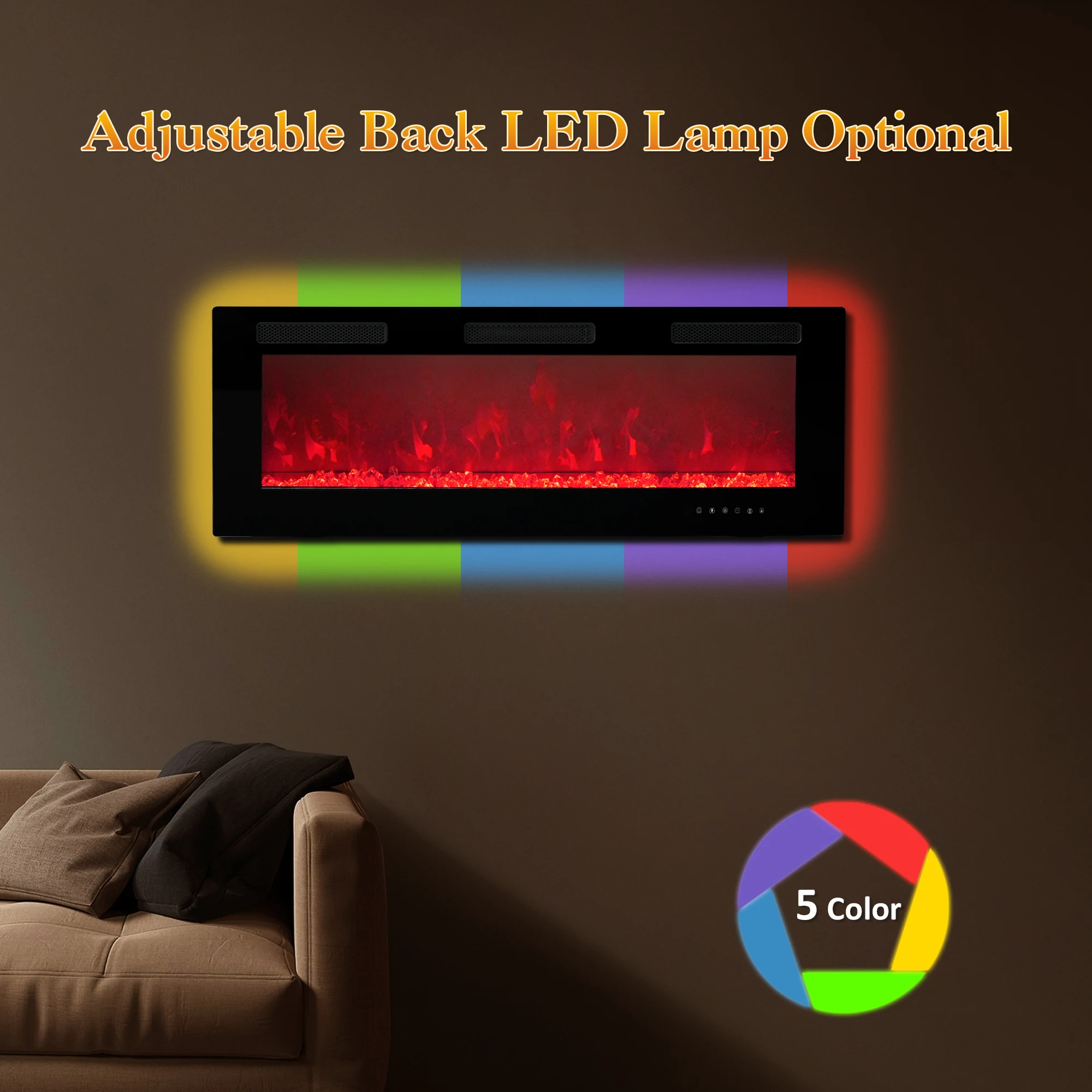 50 Inch Electric Fireplace Indoor Built in Led Light Insert Wall Mount Fireplace Decorative Flame Adjustable Timer Room Heater