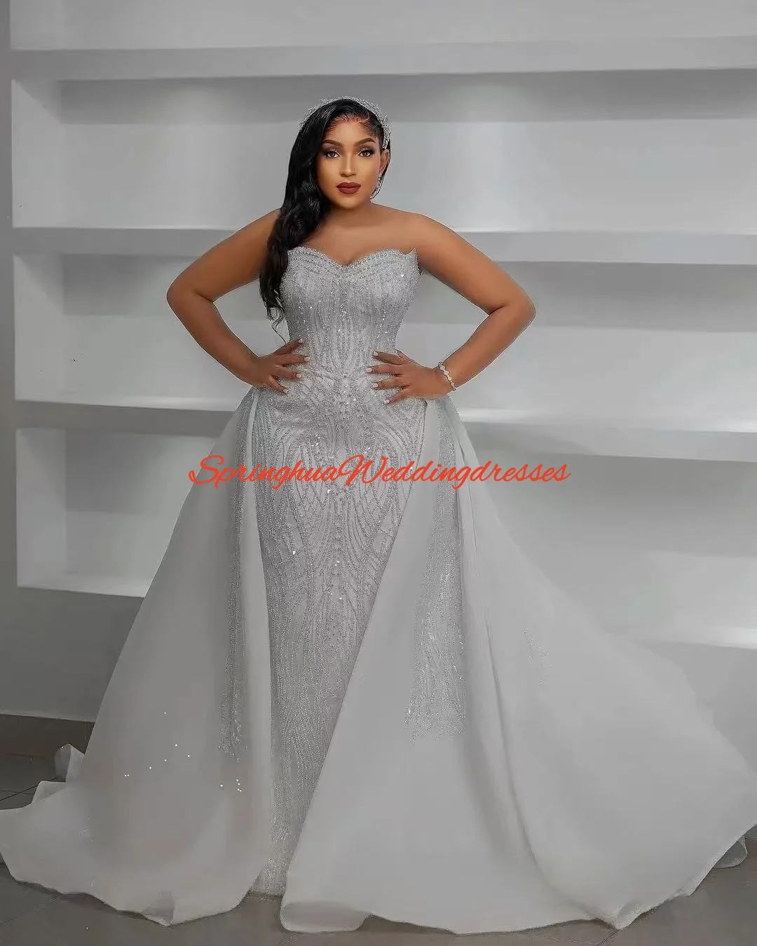 Customized Sweetheart Luxury Sparkly Sequins Beads Wedding Dress Sleeveless Bridal Gown with Detachable Train Vestidos De Novia
