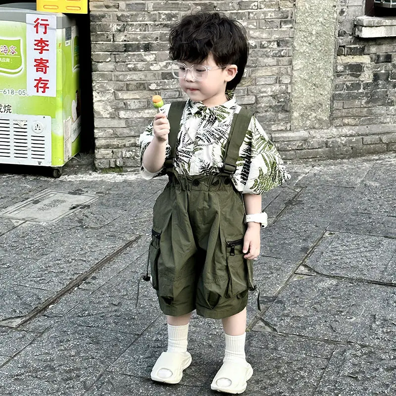 Children's Blossom Button Shirt Strap Pants 2024 Summer Korean Edition Boys' Fashion Versatile Shirt Contrasting Colors Suits