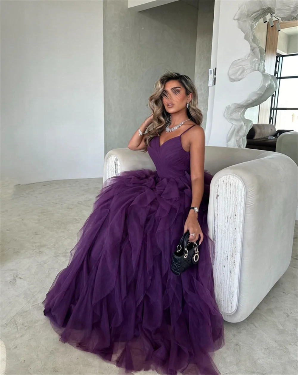 Jessica Purple Elegant Wedding Dress Spaghetti Strap Tulle Arabian Lady Prom Dresses  Formal Occasions Bespoke Occasion Dresses