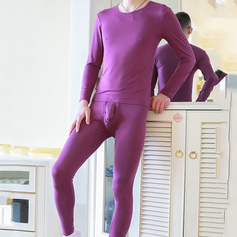 Men Long Johns Sets 2 Piece Thermal Warm Long Sleeve Undershirts Penis Pouch Leggings Pants Elastic Homewear Underwear Pajamas