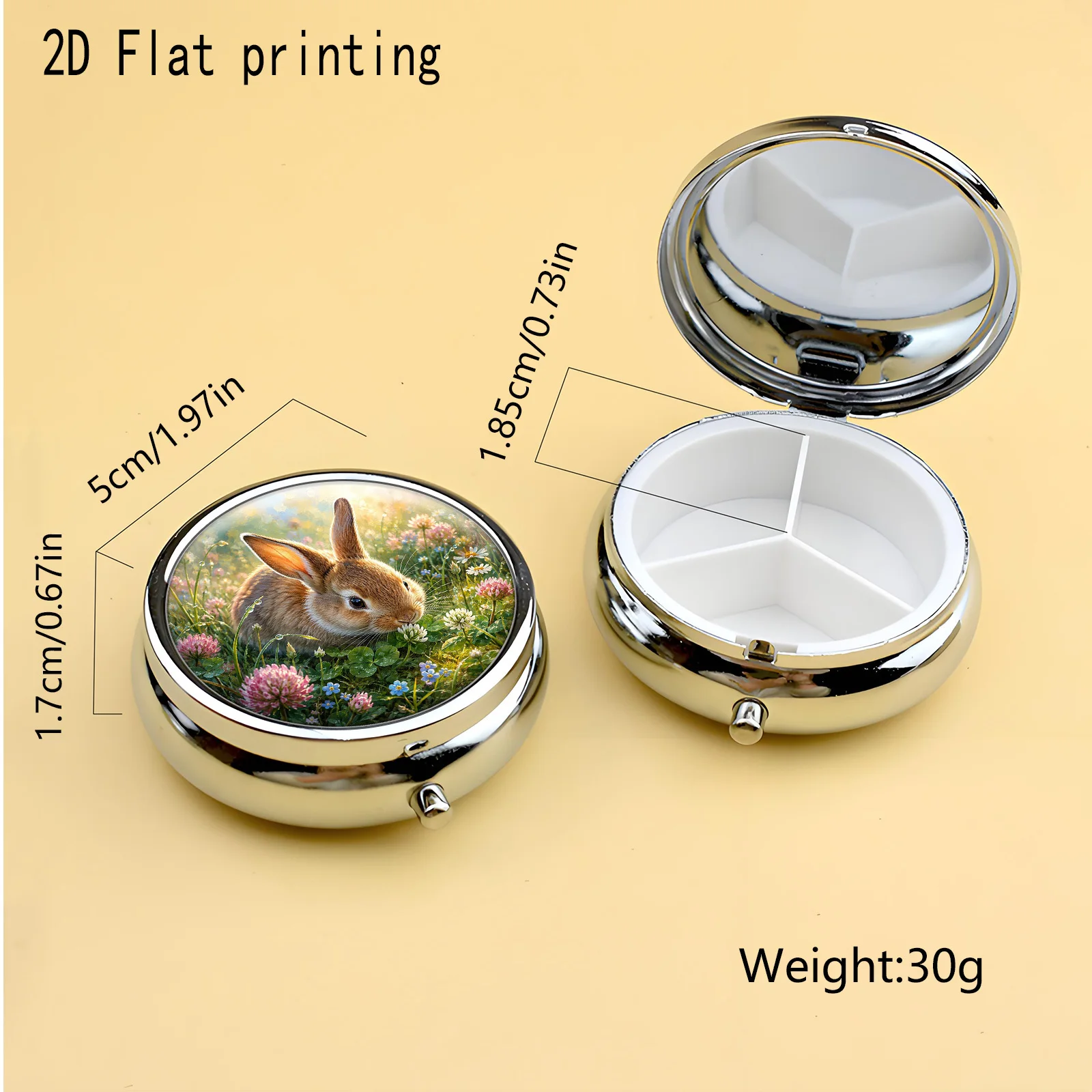 Brown Rabbit Spring Flower Pattern, Round Three-Compartment Small Pill Box, Portable Medicine Storage, Small Jewelry Organizer, Suitable for Handbags or Travel, Holiday Gifts, Souvenirs, Prizes, Small Gifts, Suitable for Personal Use or as an Exquisite Gift Option