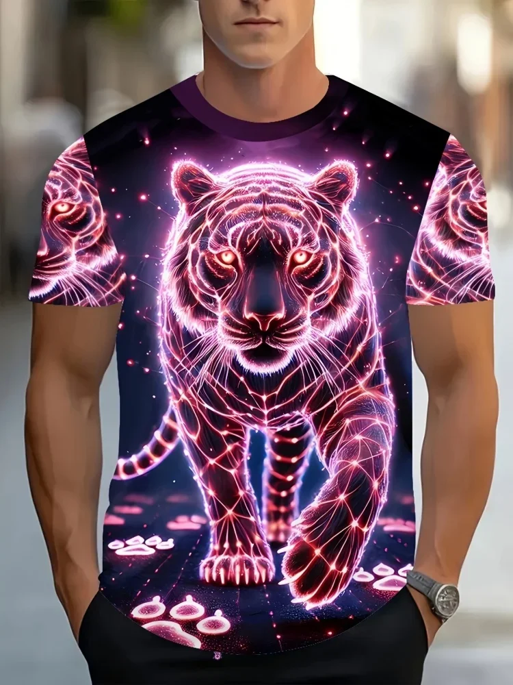 2026 Men's 3D Tiger Print Short Sleeve Crew Neck T-Shirt Breathable Stretch Casual Fashion Tee Outdoor Party Weekend Wear Tops