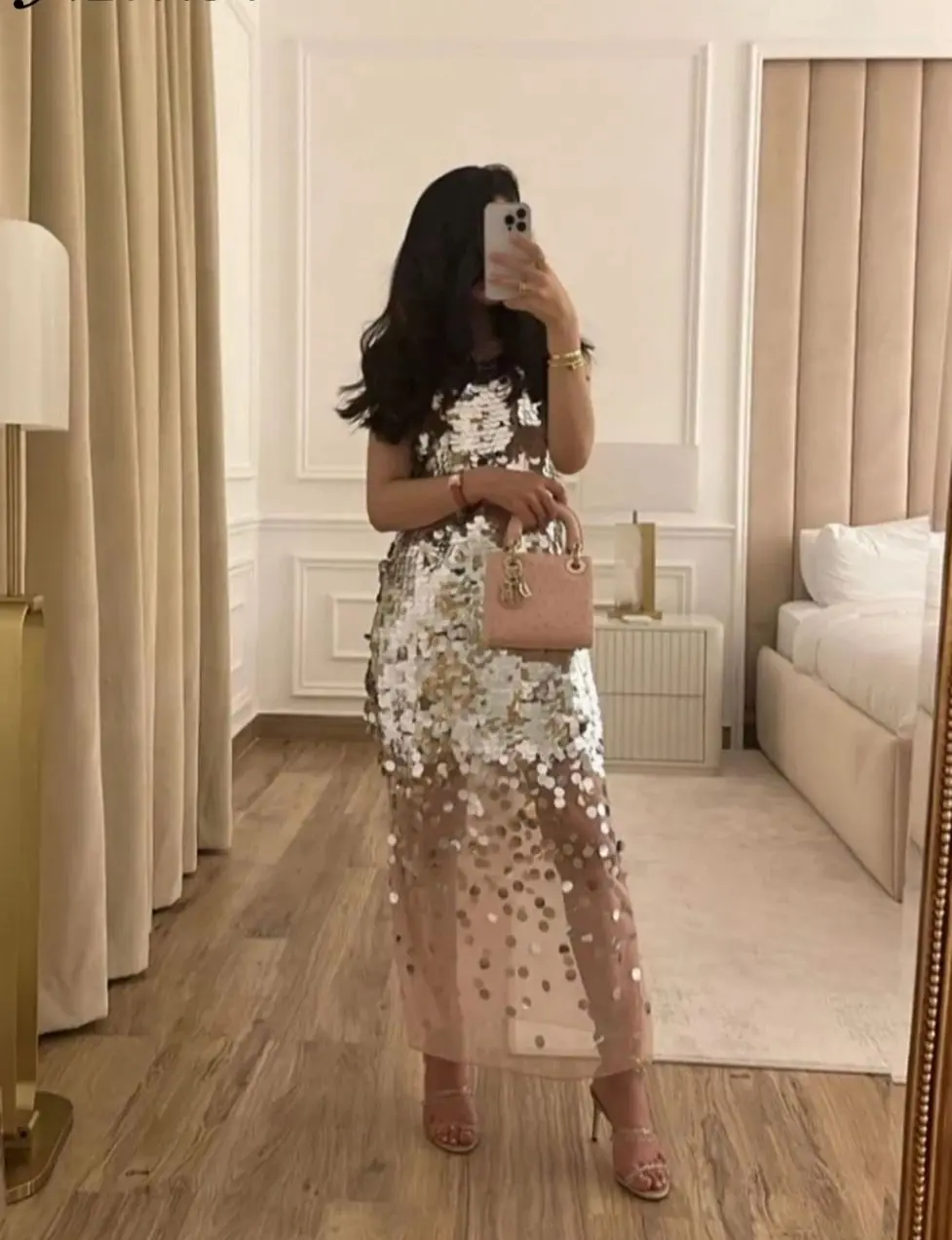 Jirocum Luxury Champagne Gradient Sequin Evening Dresses Sleeveless Midi Gown with Polka Dot Sheer Overlay for Gala Prom